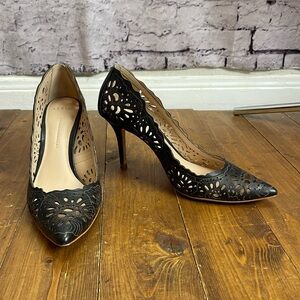 Aerin flamands black leather lace cut heels size 6.5